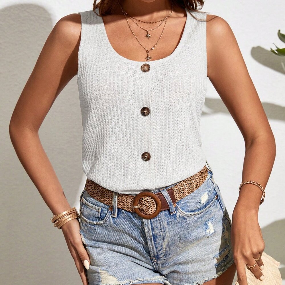 Tank Top, Waffle Knit Fake Button Tank Top, Cami Top, Summer Sexy Minimalist Top - Picture 2 of 8